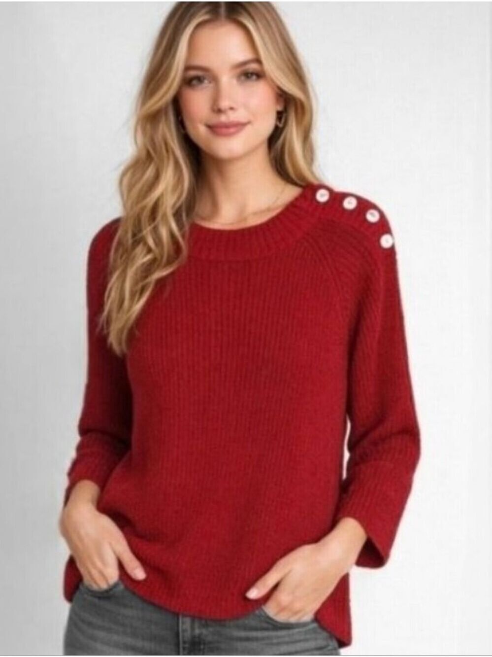Sundance Crimson Red Linen Knit Boat Neck Sweater with Shoulder Buttons Size PL